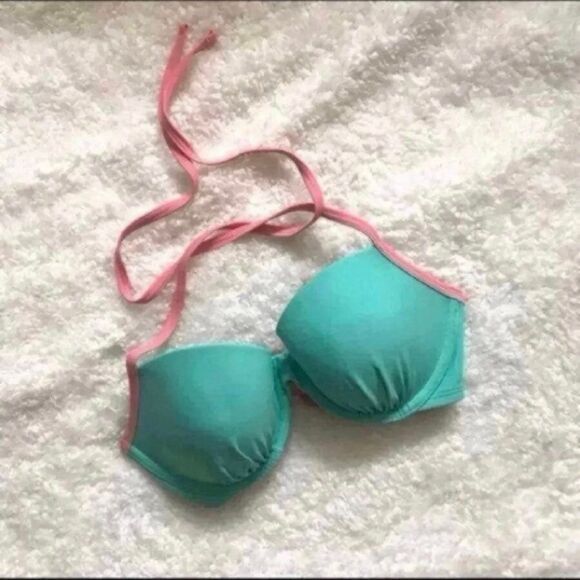 NWT Aerie Bikini Top 34C Blakely Lace Up Back Mint Green / Pink Swim AEO AE - Picture 7 of 7